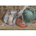 T.W. Headlam, watercolour, Still life of a dead pigeon, lobster and vase, signed and dated 1885, ESK