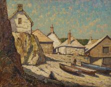 Henry S Merritt (1884-1963), oil on canvas, Fishing village with beached boats, signed, 40 x 51cm,