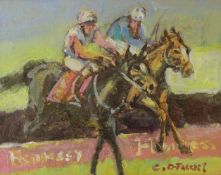 Clare O'Farrell (Irish, b.1948), oil on board, Horse racing scene, signed, 19 x 24cm