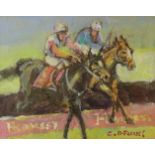 Clare O'Farrell (Irish, b.1948), oil on board, Horse racing scene, signed, 19 x 24cm