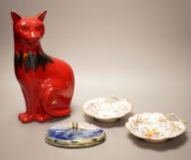 A Poole Delphis cat, a Doulton Lambeth soap dish and two Limoges dishes, tallest 29cm