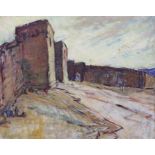 Manner of David Bomberg, oil on hardboard, North African city walls, inscribed verso, 44 x 56cm