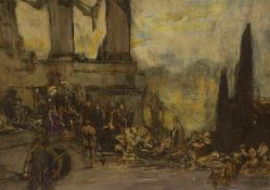 Manner of William Walcot, mixed media on paper, 'Arrival of a State barge', indistinctly signed,