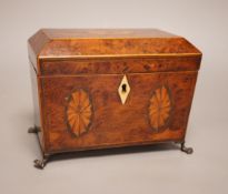 A Regency inlaid burr yew tea caddy, ivory escutcheon, 19cm foot to foot Ivory submission reference: