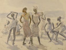 English School, pencil and watercolour, 'West African beach dancers', inscribed and dated '42, 25