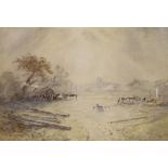 19th century English School, watercolour, Rustic landscape under ethereal light, 23 x 33cm