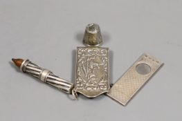 A silver cased propelling pencil, a silver mounted cigar cutter, a thimble and a white metal money