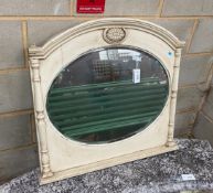 A cream painted overmantel mirror with oval plate, width 81cm, height 77cm