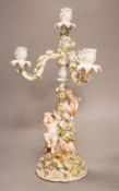 A Sitzendorf porcelain three branch, four light candelabrum, 45cm