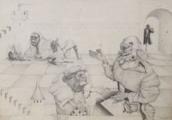 Modern British, pencil drawing, 'Three Card Trick', signed and dated '77, 32 x45cm