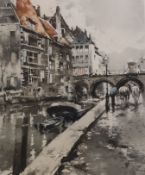 T. Magrini, coloured etching, Dutch canal scene, signed in pencil, 52 x 43cm