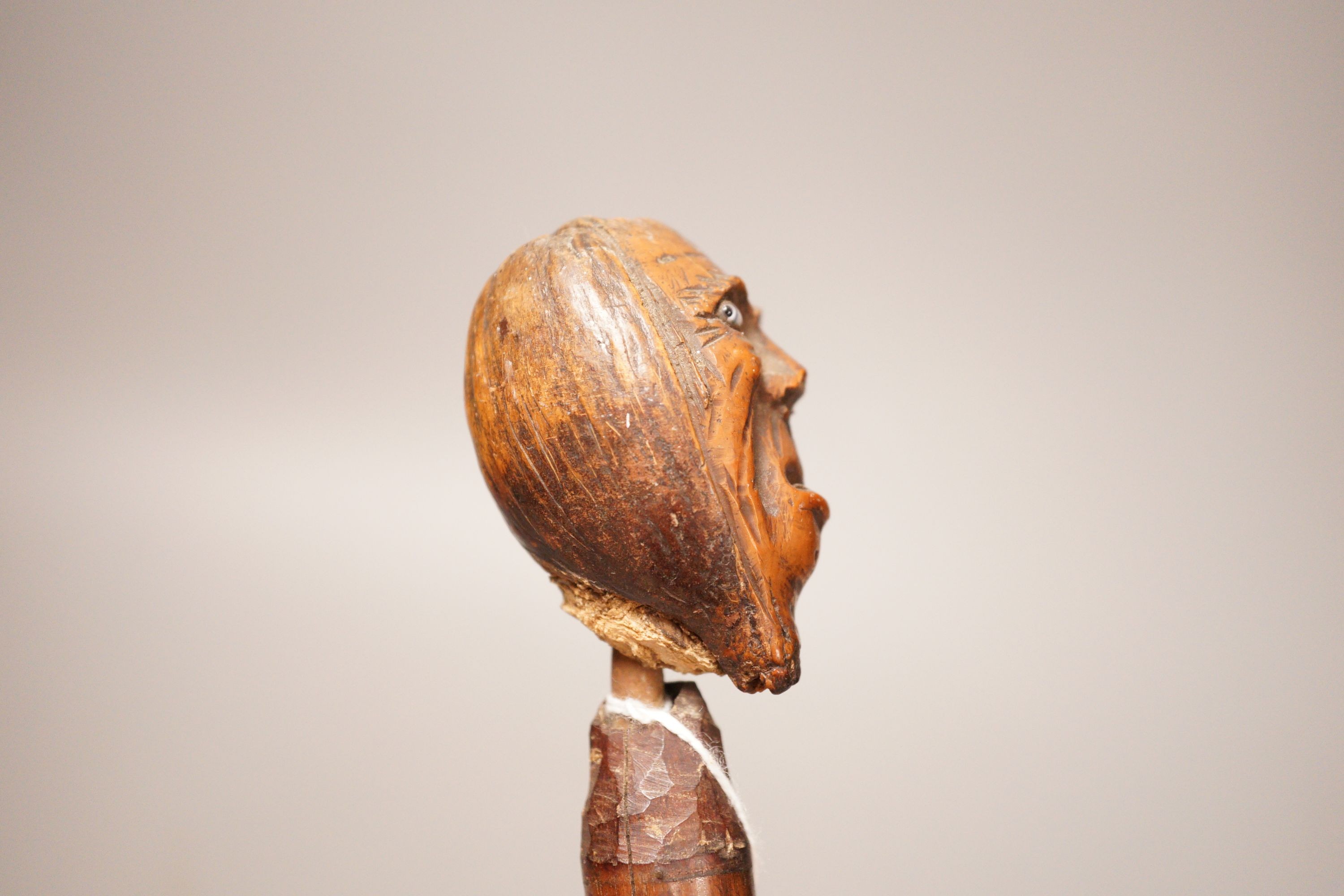 A 19th century continental carved head with glass eyes on associated cane stick. Total length 92cm - Image 4 of 5