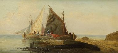 C. Walker (19th C.) oil on mahogany panel, Fishing boats unloading the catch, signed, 14 x 30cm