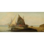 C. Walker (19th C.) oil on mahogany panel, Fishing boats unloading the catch, signed, 14 x 30cm