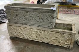 Two rectangular reconstituted stone garden planters, one with block feet, larger width 98cm, depth