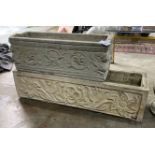 Two rectangular reconstituted stone garden planters, one with block feet, larger width 98cm, depth