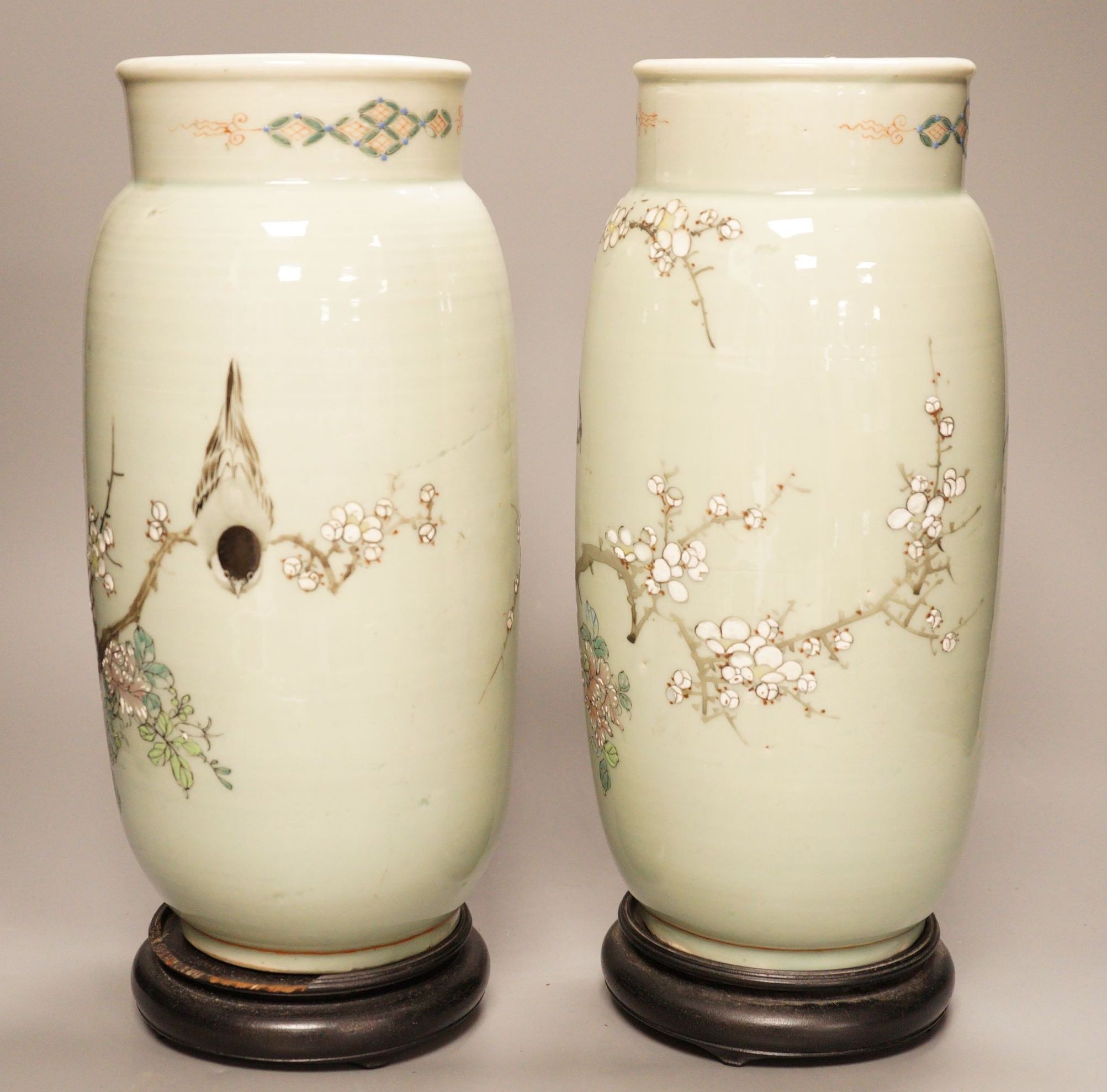 A pair of 19th century Japanese celadon glazed vases (drilled) with hardwood stands, total height - Image 3 of 4