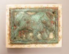 A Chinese burnt jade and bronze plaque