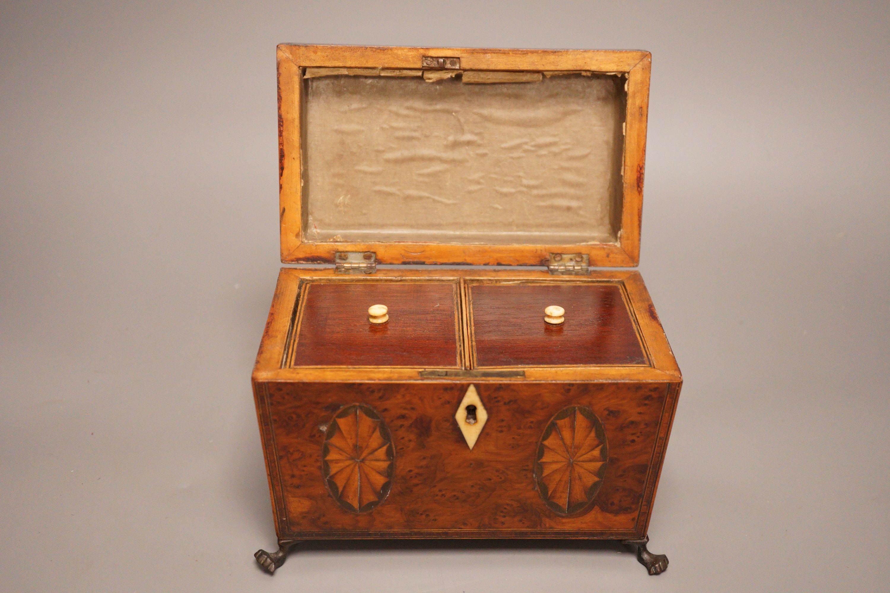 A Regency inlaid burr yew tea caddy, ivory escutcheon, 19cm foot to foot Ivory submission reference: - Image 4 of 5