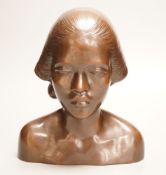 A 20th century bronze shoulder length bust, study of an Oriental lady, probably Balinese, 21cm