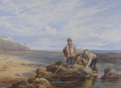 James Allan (19th C.), watercolour, Children shrimping on the shore, signed, 36 x 48cm