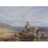 James Allan (19th C.), watercolour, Children shrimping on the shore, signed, 36 x 48cm