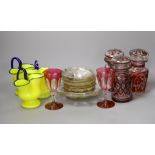 A pair of ruby flashed glass goblets, three ruby and glass pickle jars and other sundry glassware