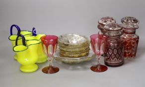 A pair of ruby flashed glass goblets, three ruby and glass pickle jars and other sundry glassware