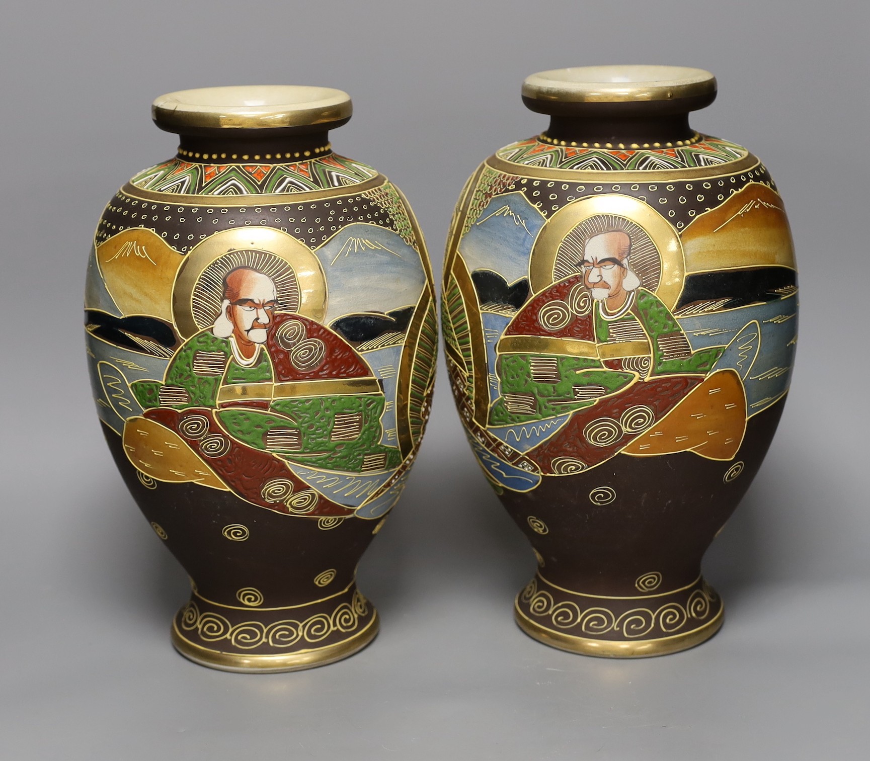 A pair of Satsuma pottery vases, 31cm tall - Image 2 of 4