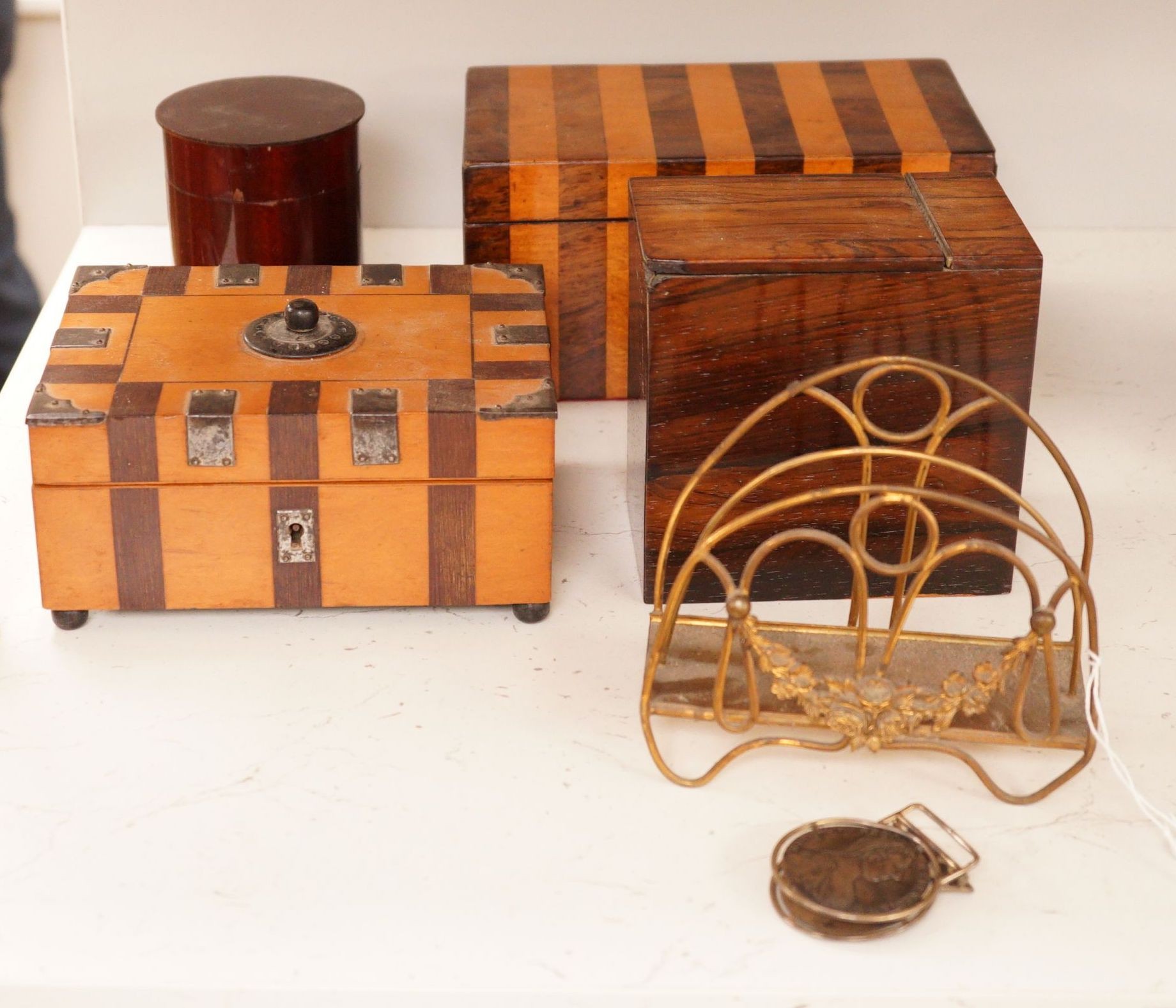 A group of 19th century boxes, a mounted Paper clip, etc.