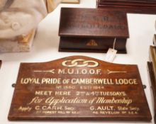 A Rowfold Grange oak box with personalised Desert Rats interest and a Masonic Lodge sign