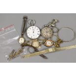Sundry watches and jewellery including a white metal open face pocket watch and fob watch, three