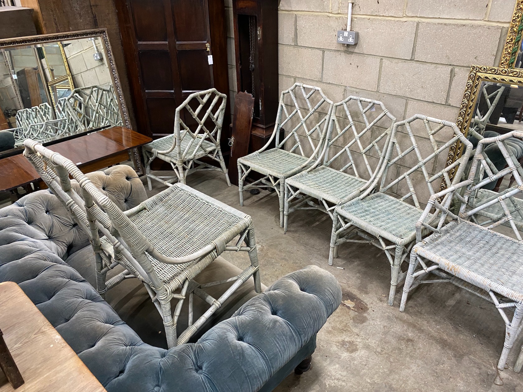 A set of ten white painted caned bamboo conservatory chairs with cockpen backs, two with arms - Image 2 of 3