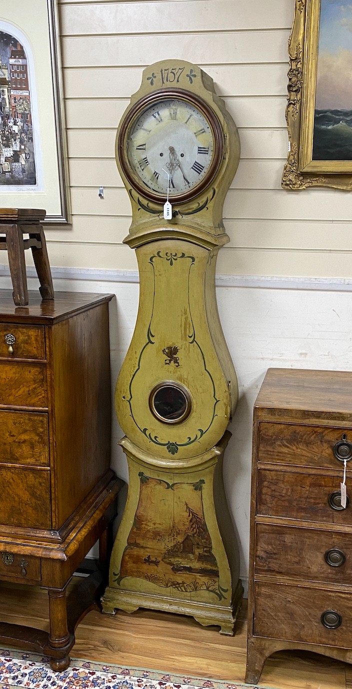 A 19th century French painted pine longcase clock, height 203cm