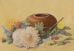 E.B.J, circa 1900 watercolour, Still life of chrysanthemums and vase, initialled, 21 x 28cm