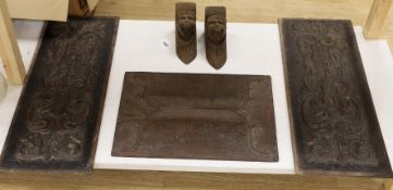 Three carved oak panels and a pair of brackets, one linenfold oak panel carved ‘from Crowland