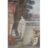 An early 19th century reverse painting on glass, Woman in diaphanous gown standing before a