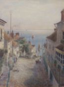 Fred Miller (1800-1892), watercolour, Cornish coastal street scene, signed, 45 x 35cm