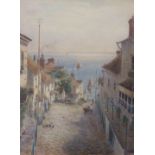 Fred Miller (1800-1892), watercolour, Cornish coastal street scene, signed, 45 x 35cm