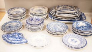 A collection of mostly 19th century blue and white transfer printed pottery tablewares
