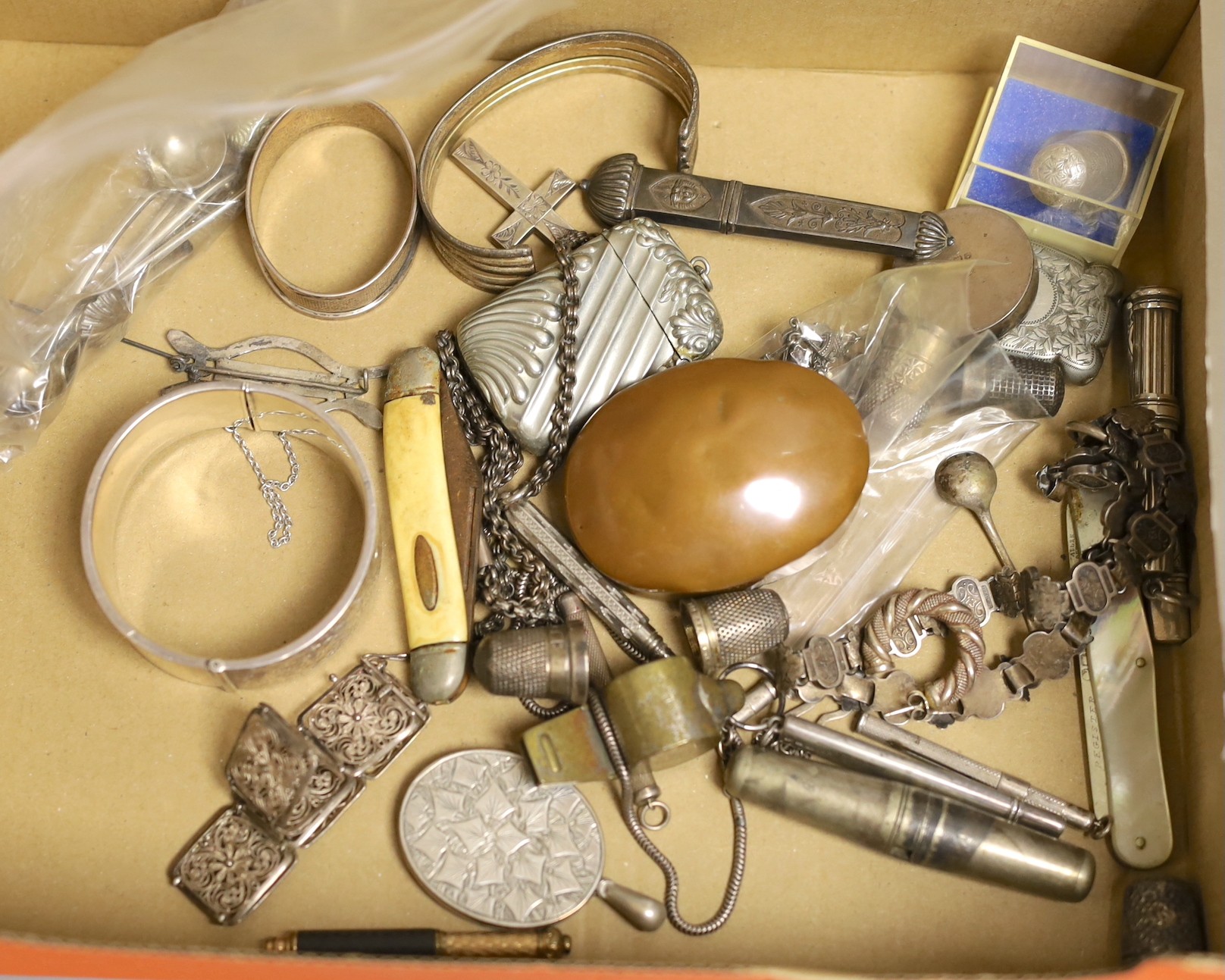 A group of assorted silver and base metal costume jewellery, boxes and miscellanea