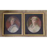 English School c.1900, pair of oils on canvas, Portraits of a bride, ovals, 27 x 23cm