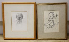 Mary Freer, pencil drawing, 'The Cellist', signed, 19 x 13cm and a David Henderson drawing, Study