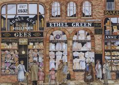 Anne Davies, watercolour, 'Ethel Green', Milliner's shop fronts, signed and dated '84, 52 x 71cm