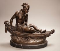 After Duchoiselle, a bronze study of a Native American huntsman in canoe, with impressed mark, on