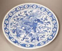 A 19th century Chinese blue and white 'Buddhist lion' dish, 35cm