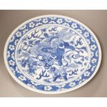 A 19th century Chinese blue and white 'Buddhist lion' dish, 35cm