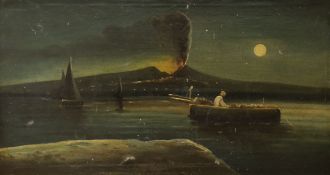 19th century Neapolitan School, oil on canvas, Bay of Naples at night with Vesuvius erupting, 28 x