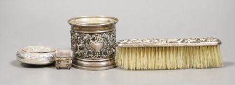 A miniature silver model of a bureau, 2.5cm, an import marked tobacco box, 6cm, a silver mounted