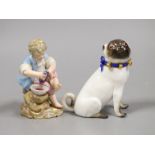 A late 19th century Meissen figure of a pug and a similar seated figure of a boy, tallest 10.5cm